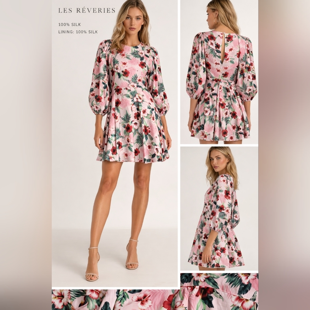Nwt LES RÊVERIES Floral Silk Mini Dress Blouson Puff Sleeves Hibiscus Palms